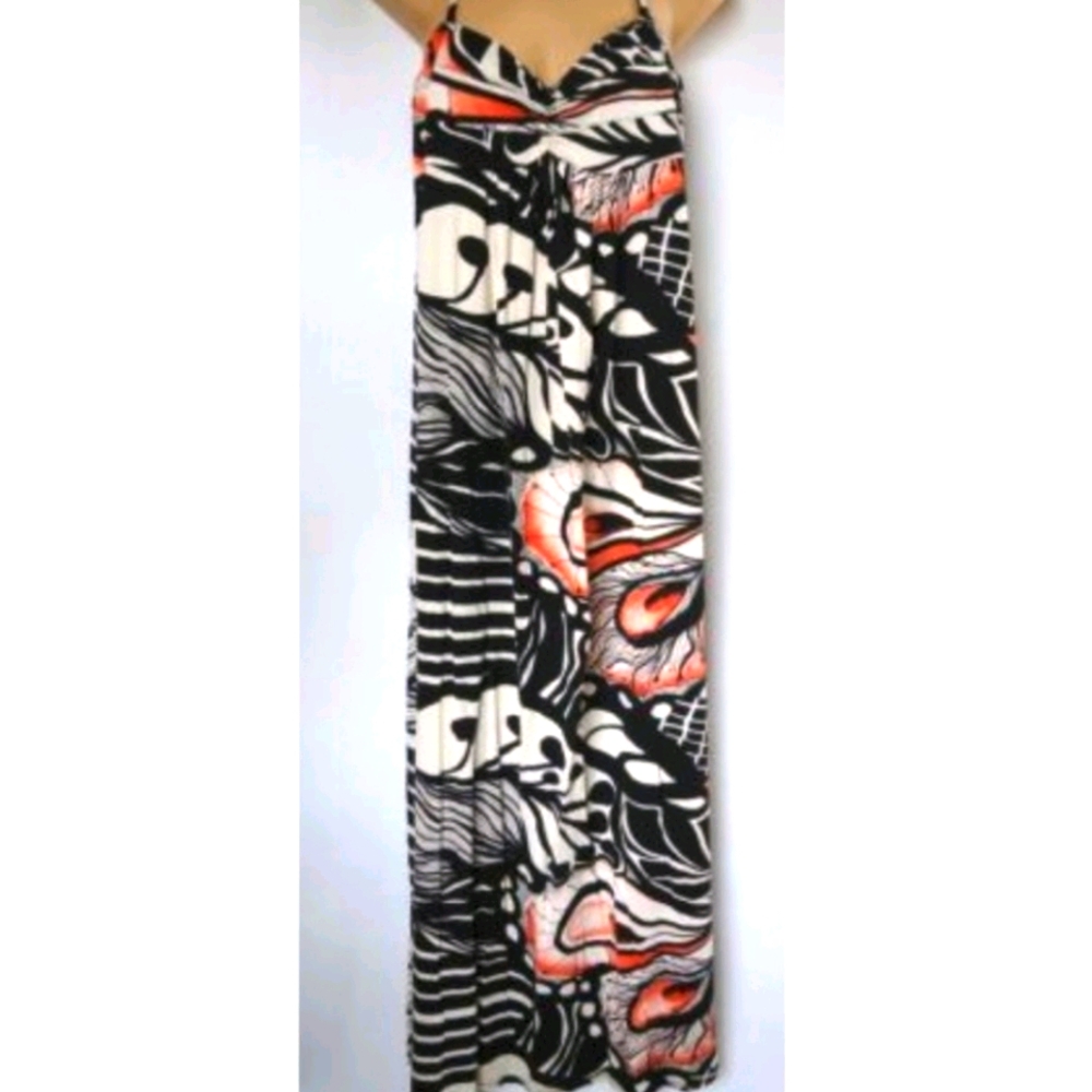 Mark Halter Boho Black White & Orange Abstract Print Maxi Dress size L